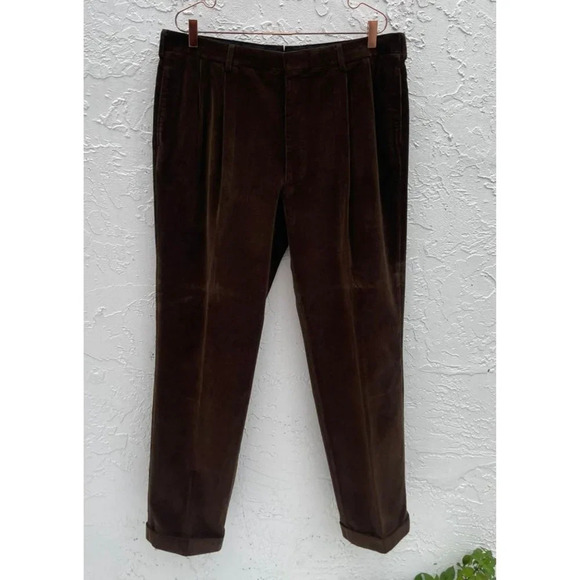Ralph Lauren Mens Cuffed Hem Pleated Front Trouser Corduroy Pants Brown Sz 28x44 - Picture 1 of 12